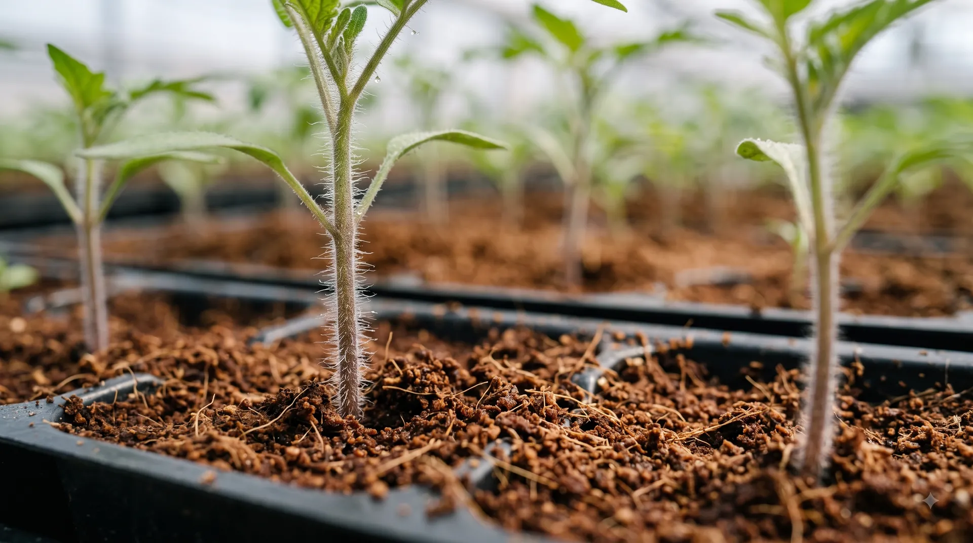Tomato seedlings in propagation on coco coir substrate