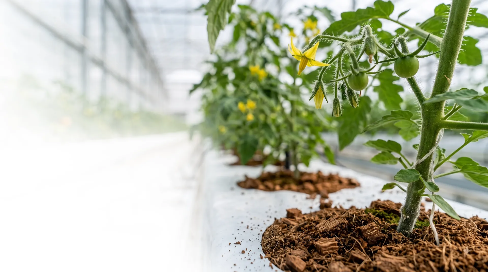 Established tomato plants growing in coco coir grow slabs