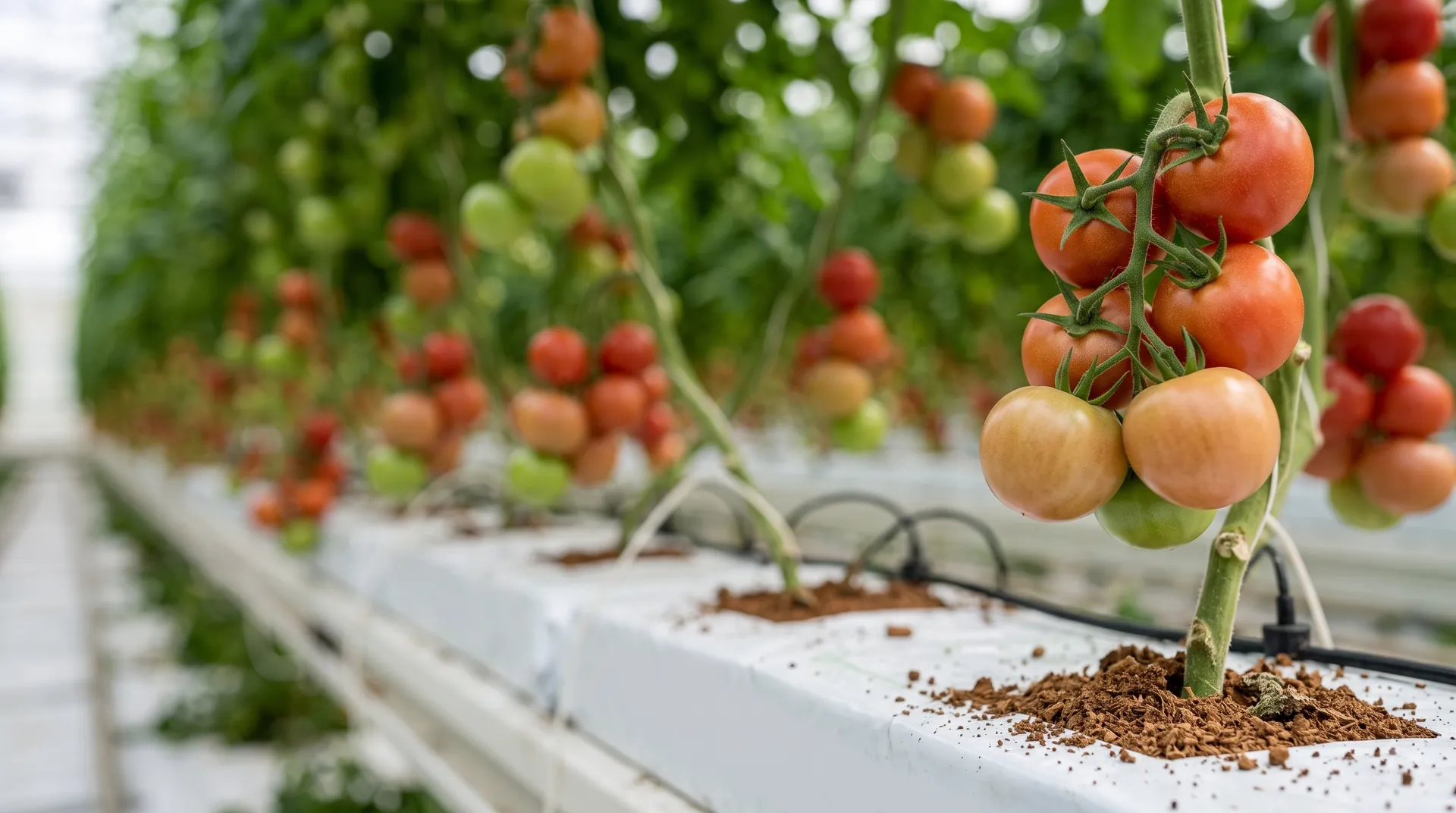 Ripe tomatoes ready for harvest in a coco coir greenhouse